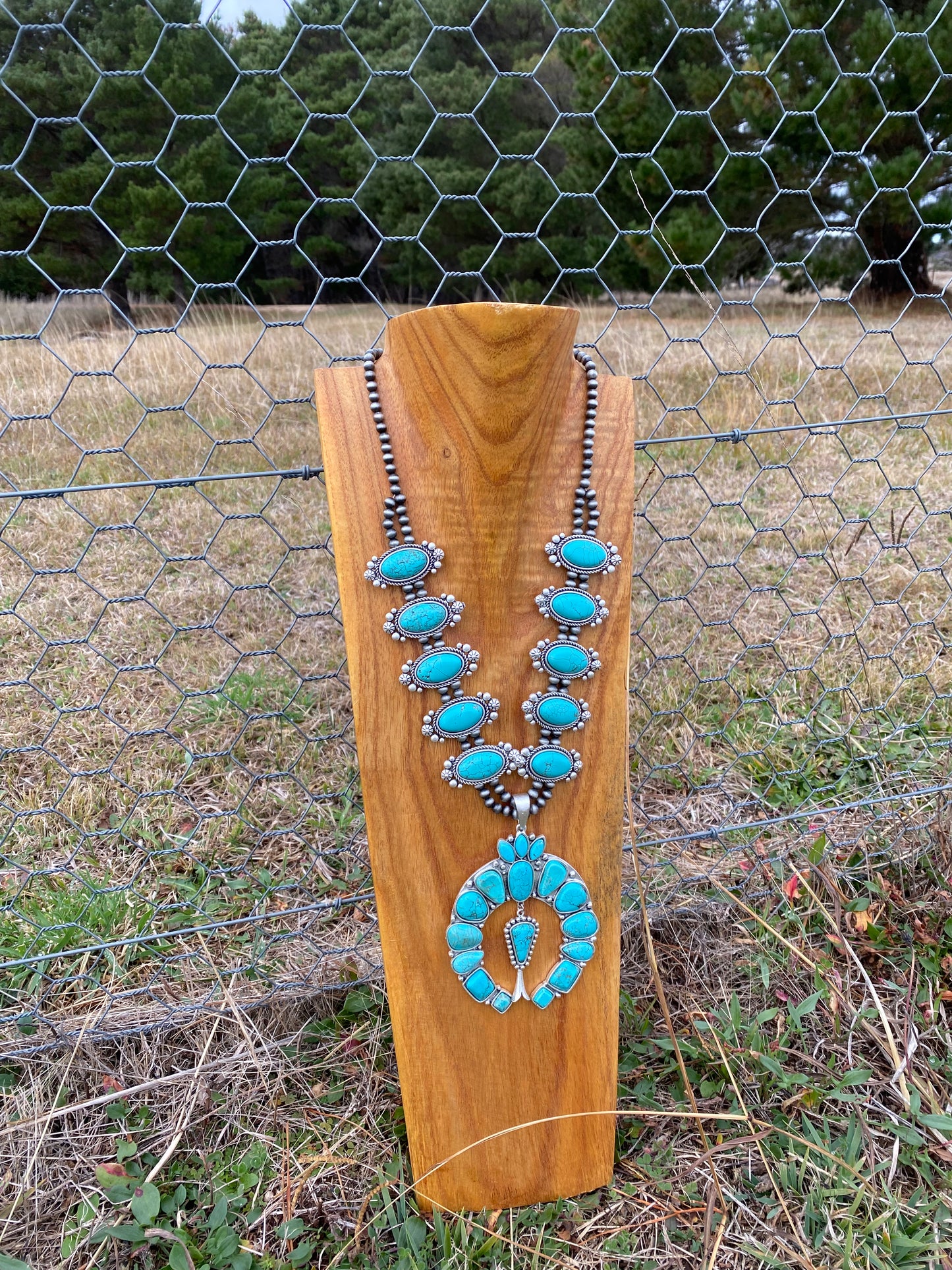 Squash Blossom Turquoise Faux Necklace 30"