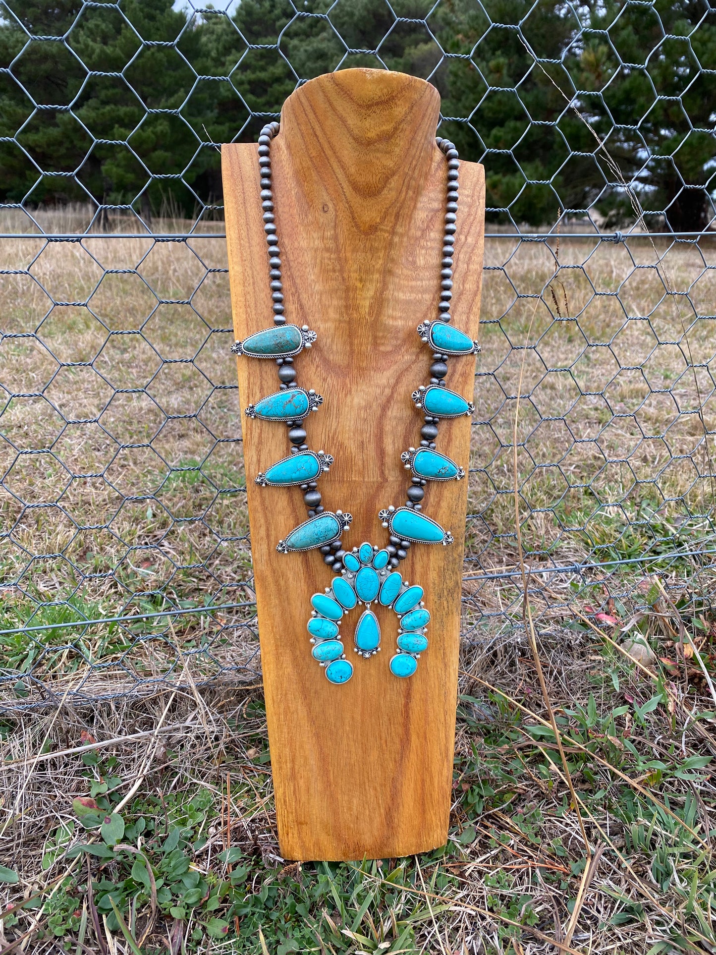 Squash Blossom Turquoise Faux Necklace 24"